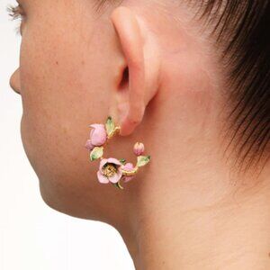 Pink hellebore flower hoop earrings